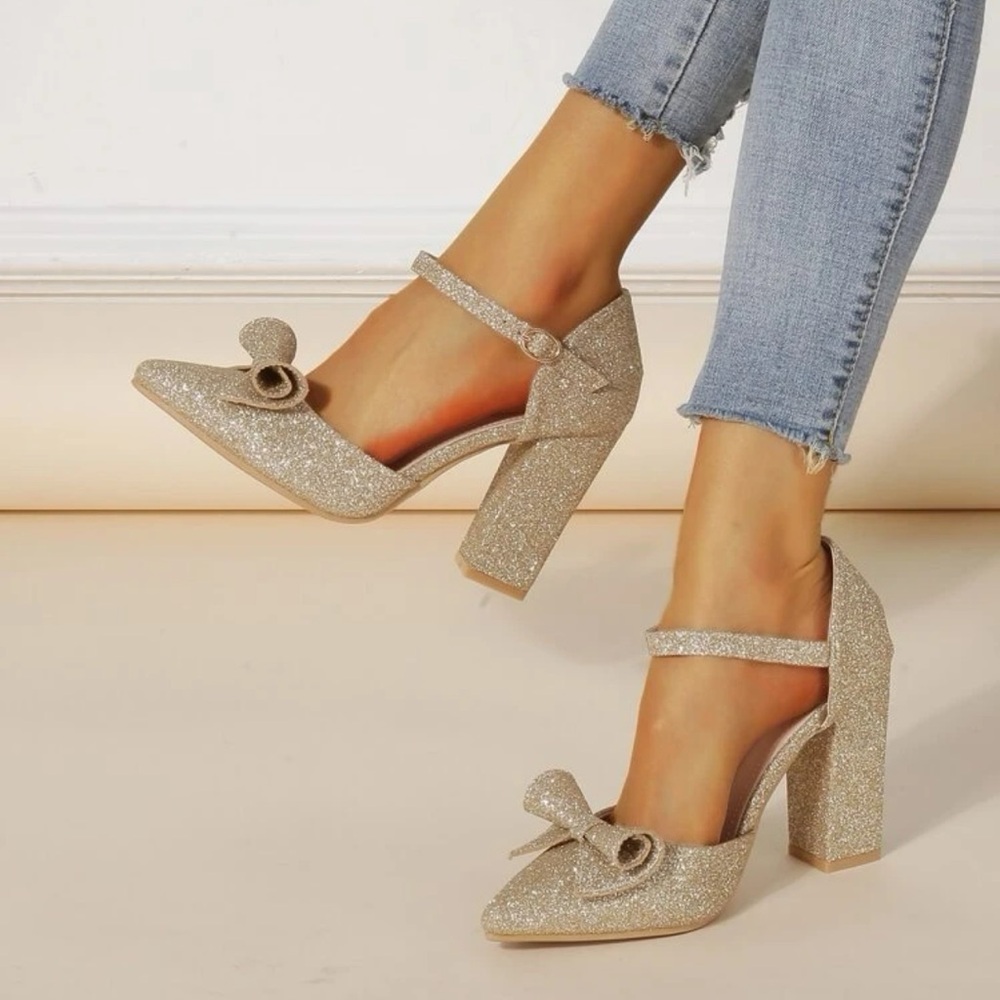 Glitter Bow Block Heel Pumps - Gold